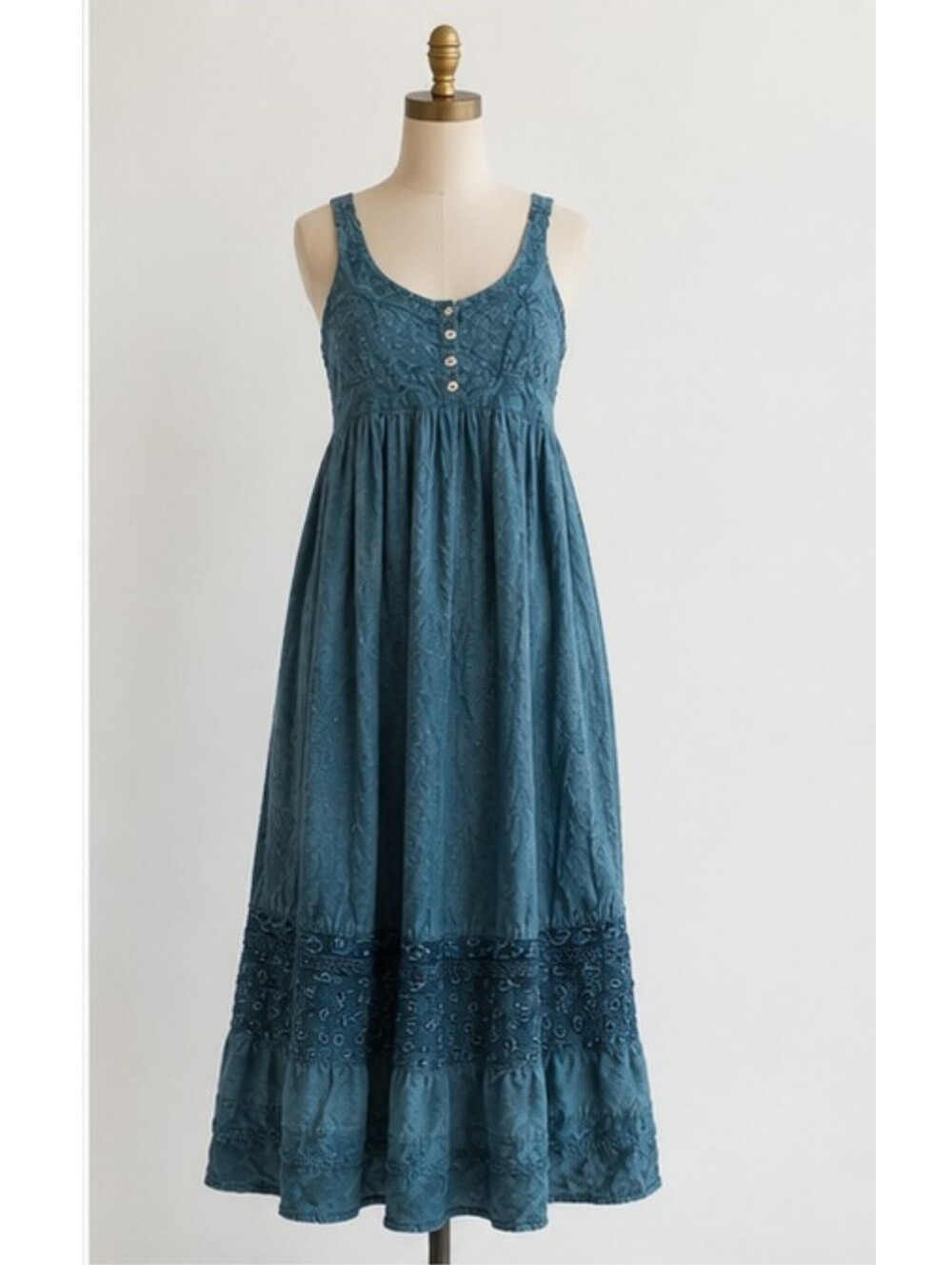 Vintage Coline Embroidered Tiered Boho Maxi Dress Teal Paisley French Large - Picture 2 of 14